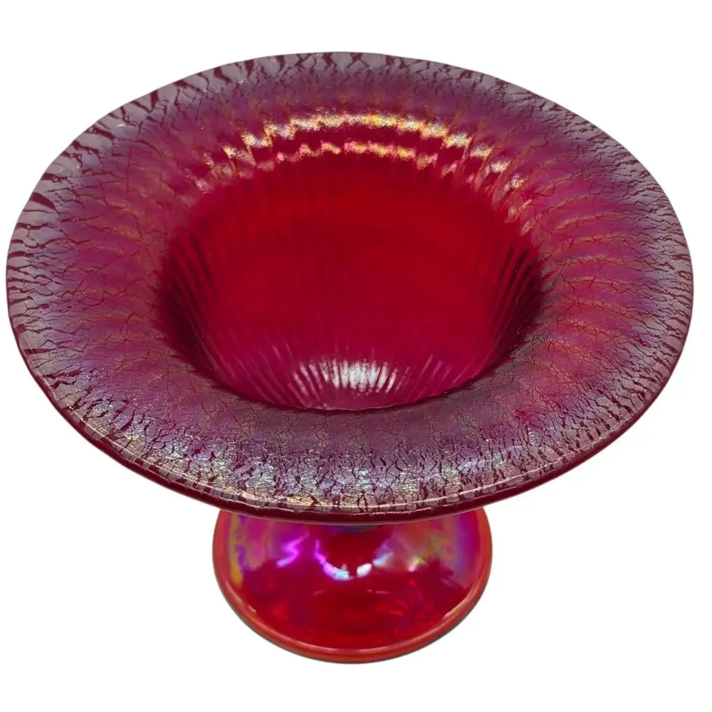 VINTAGE FENTON 2000 SGS RED STRETCH GLASS FLARED COMPOTE RIBBED INTERIOR
